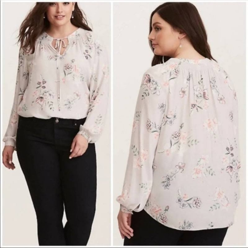 Torrid gray and floral smocked blouse